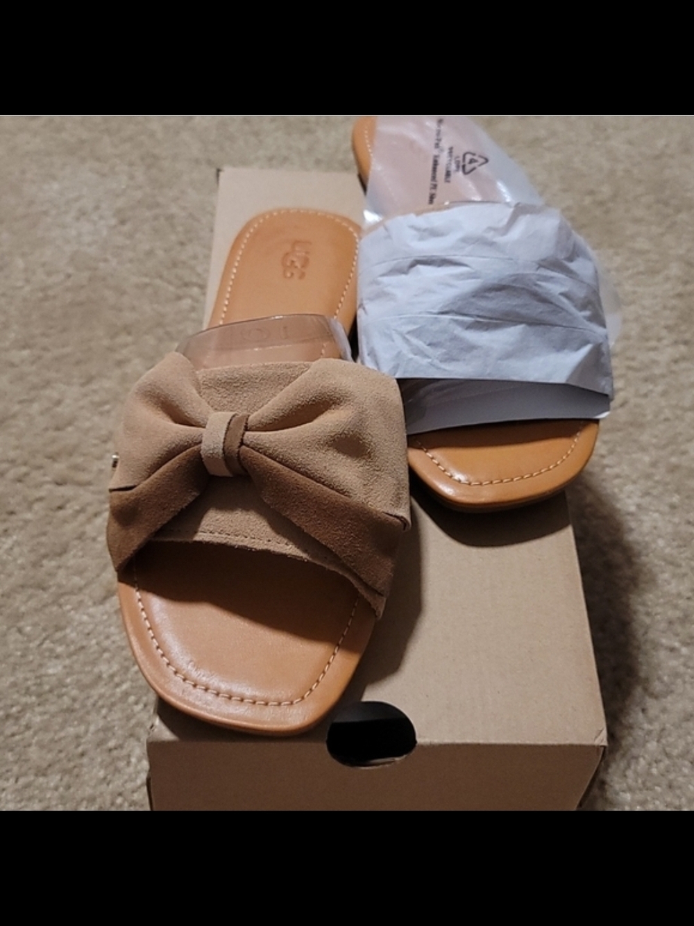 UGG Tan Leather Slide Sandals with Logo